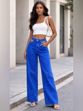 ZARA Cutout Waist Wide Leg Jeans Blue High Rise Size 0 Trendy Statement Denim